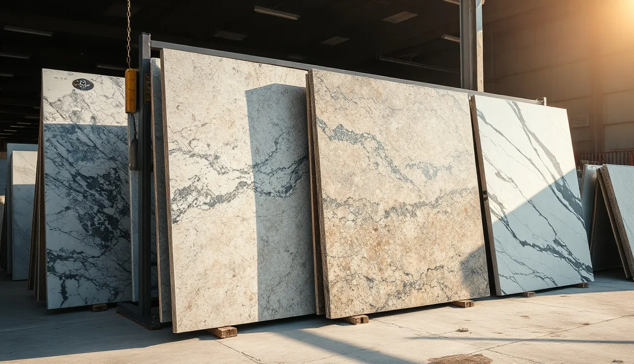 Granite and marble remnant slabs leaning on a metal rack in a fabrication shop yard