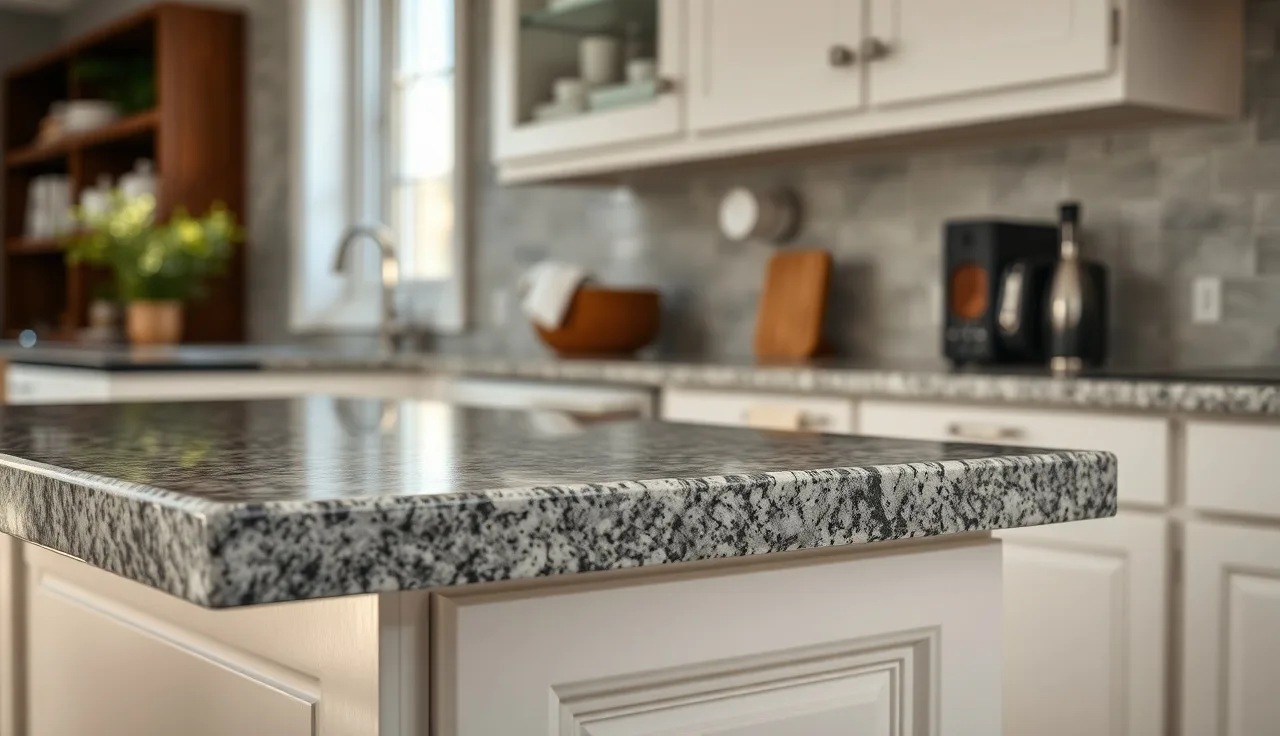 Gray granite countertop edge showing reveal above white cabinet door in kitchen