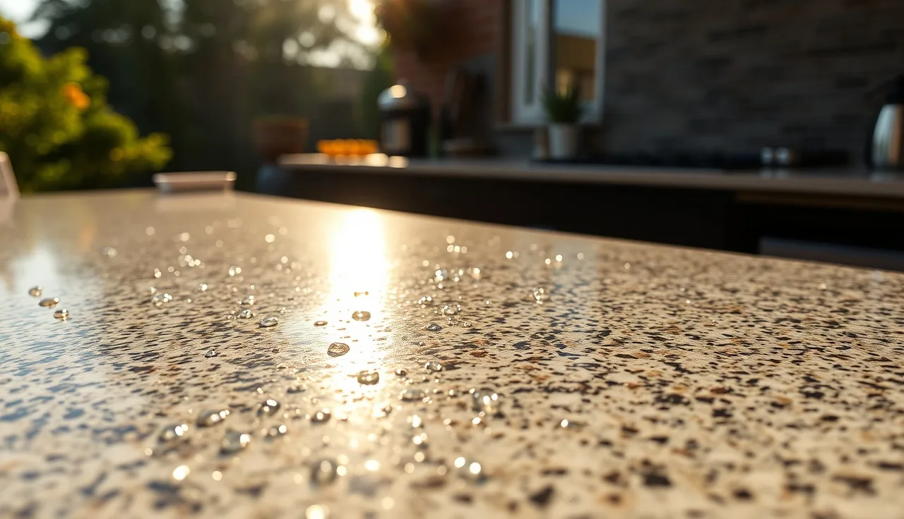 Matte sandblasted granite countertop surface with water beading on textured stone