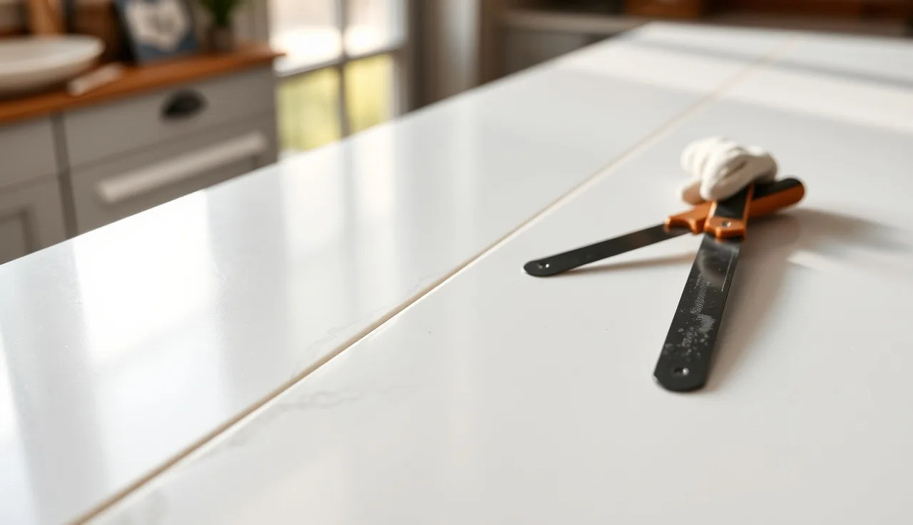White quartz countertop seam with faint phantom shadow under window light