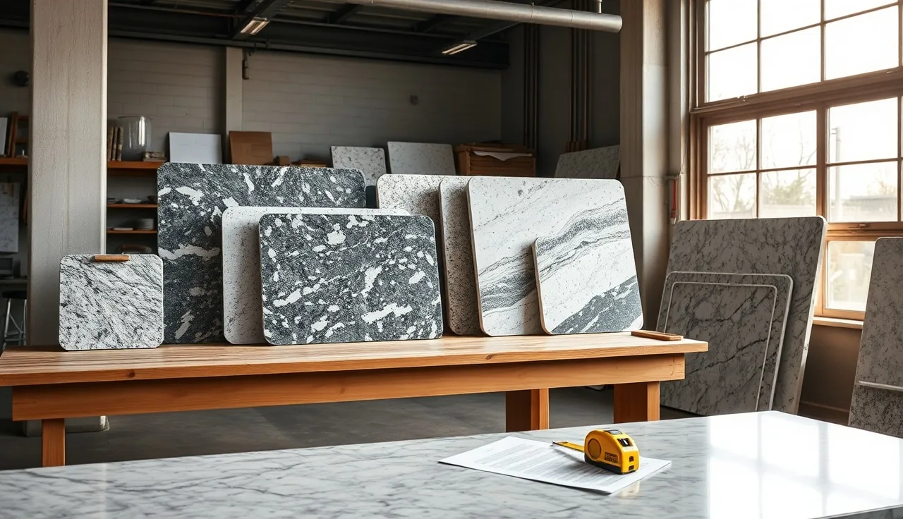 Granite and quartz countertop samples on a fabricator's workbench with a tape measure