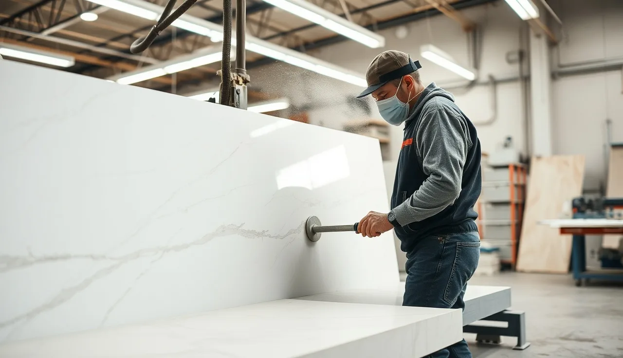 Fabrication shop worker using wet bridge saw to cut quartz slab with silica dust controls