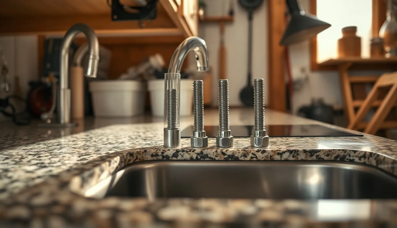 Stainless steel sink clips fastened under a granite countertop inside a cabinet