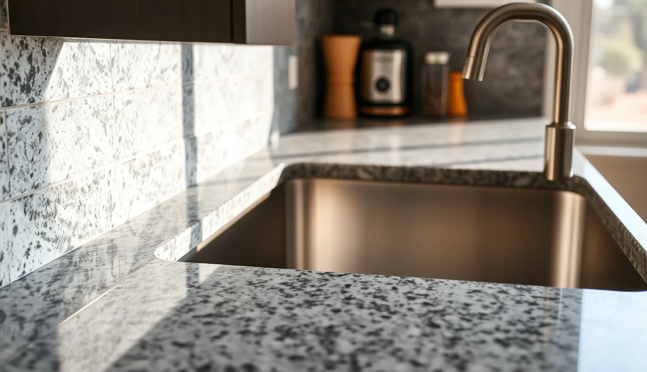 Polished granite countertop edge meeting an undermount kitchen sink with a narrow stone reveal visible