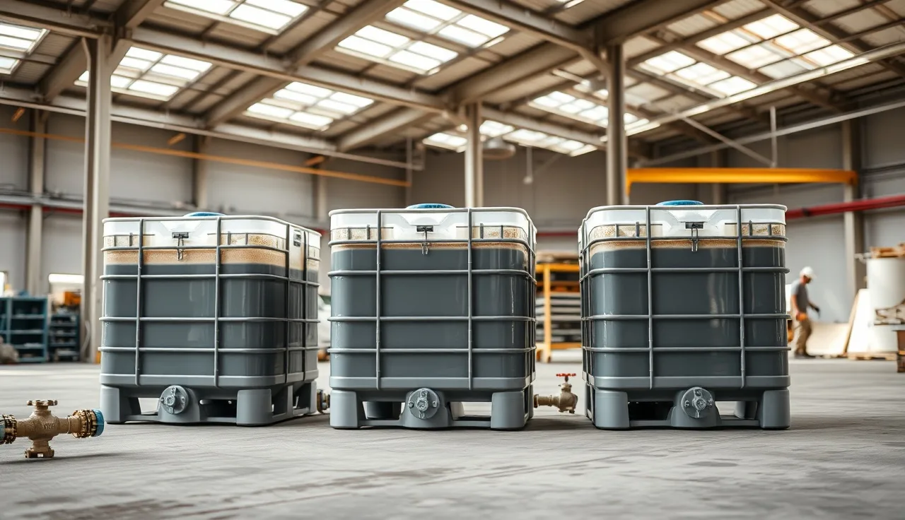 Three IBC tote slurry settlement tanks connected by PVC pipe on a stone shop floor
