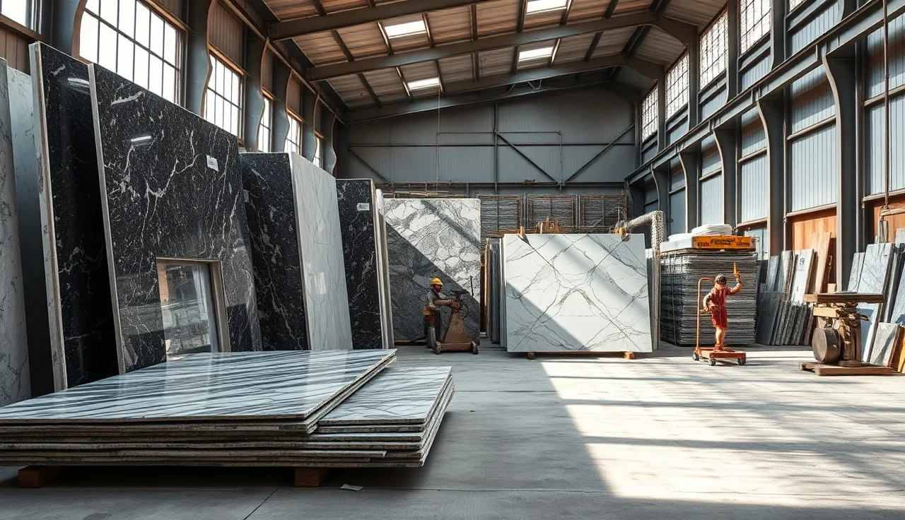 Stone slab yard with granite offcuts and marble slabs showing countertop waste material