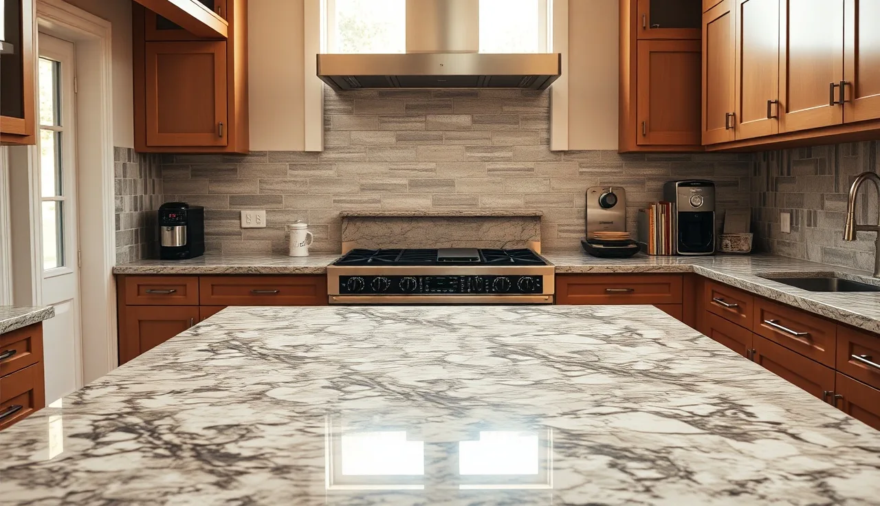 Narrow granite bridge countertop section behind a freestanding range connecting two counter runs