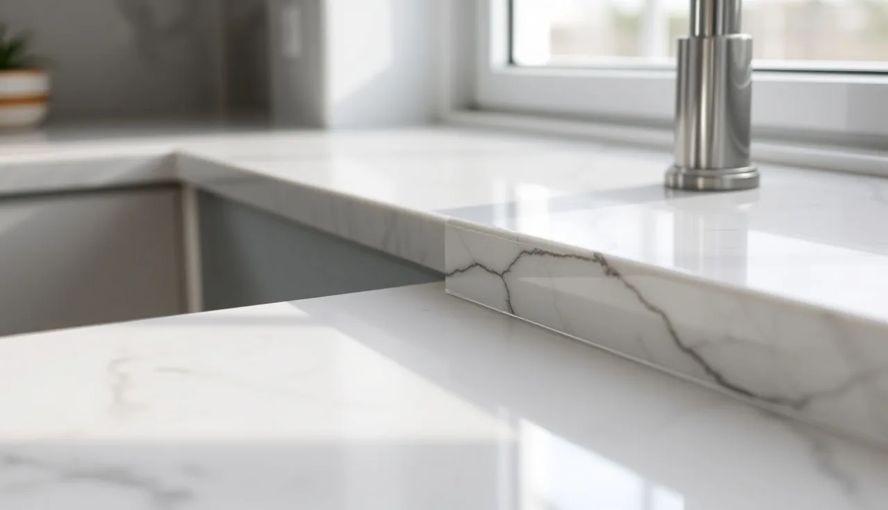 Hairline stress crack in white marble countertop originating at a sink cutout corner
