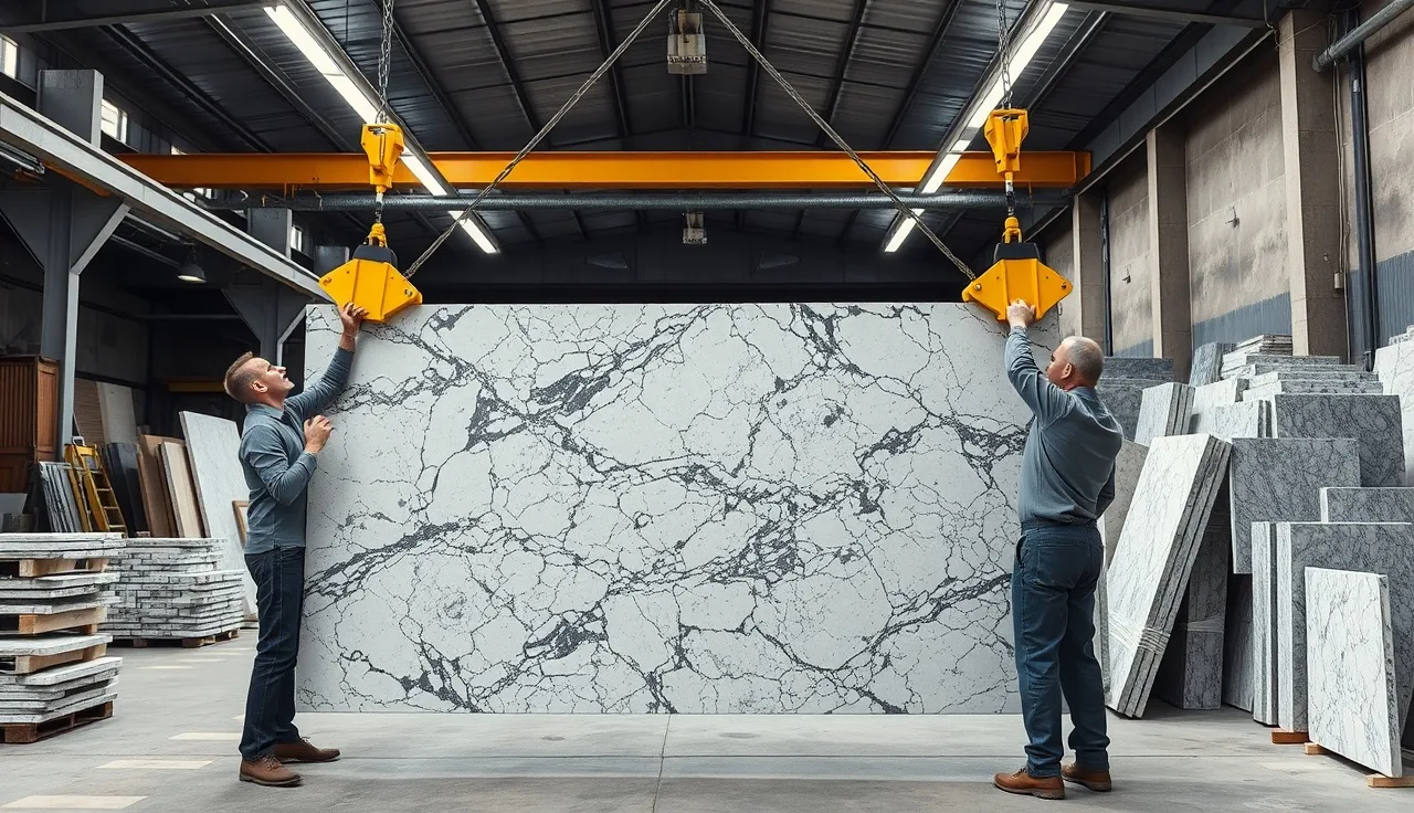 Two fabricators using yellow suction cup lifters to move a polished granite slab in a stone shop