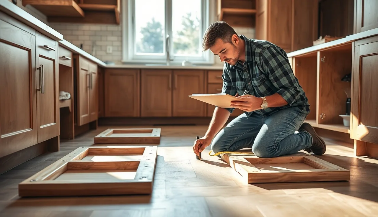 Fabricator measuring cabinet bases during a countertop takeoff in an empty kitchen