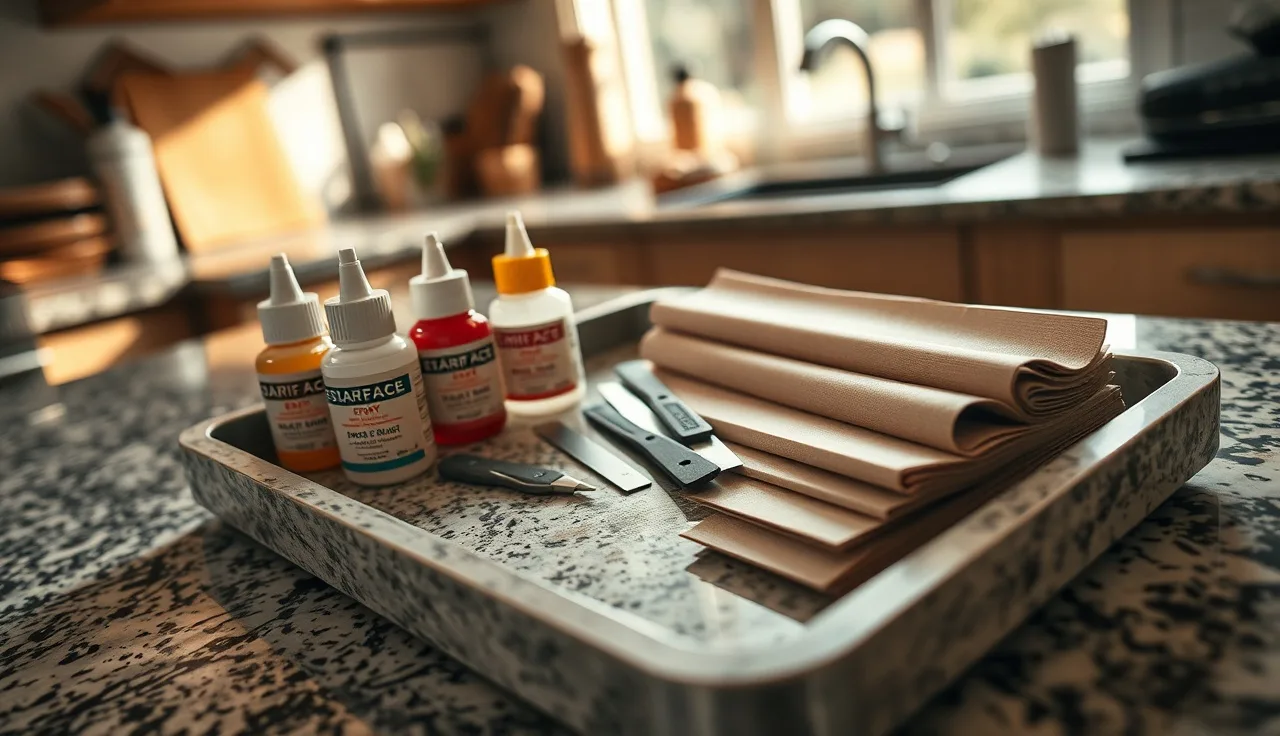 Stone fabricator's touch-up kit laid out on a granite countertop during repair