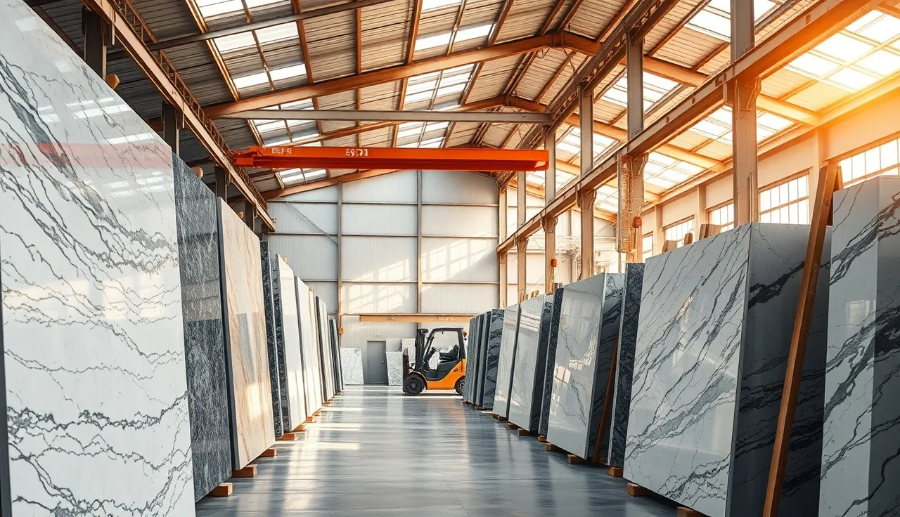 Rows of granite and marble slabs stored vertically in a stone distribution warehouse