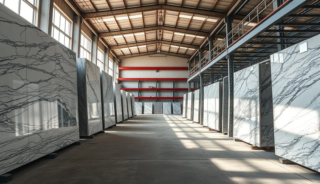 Rows of granite and marble slabs stored vertically on steel A-frame slab racks in a fabrication shop