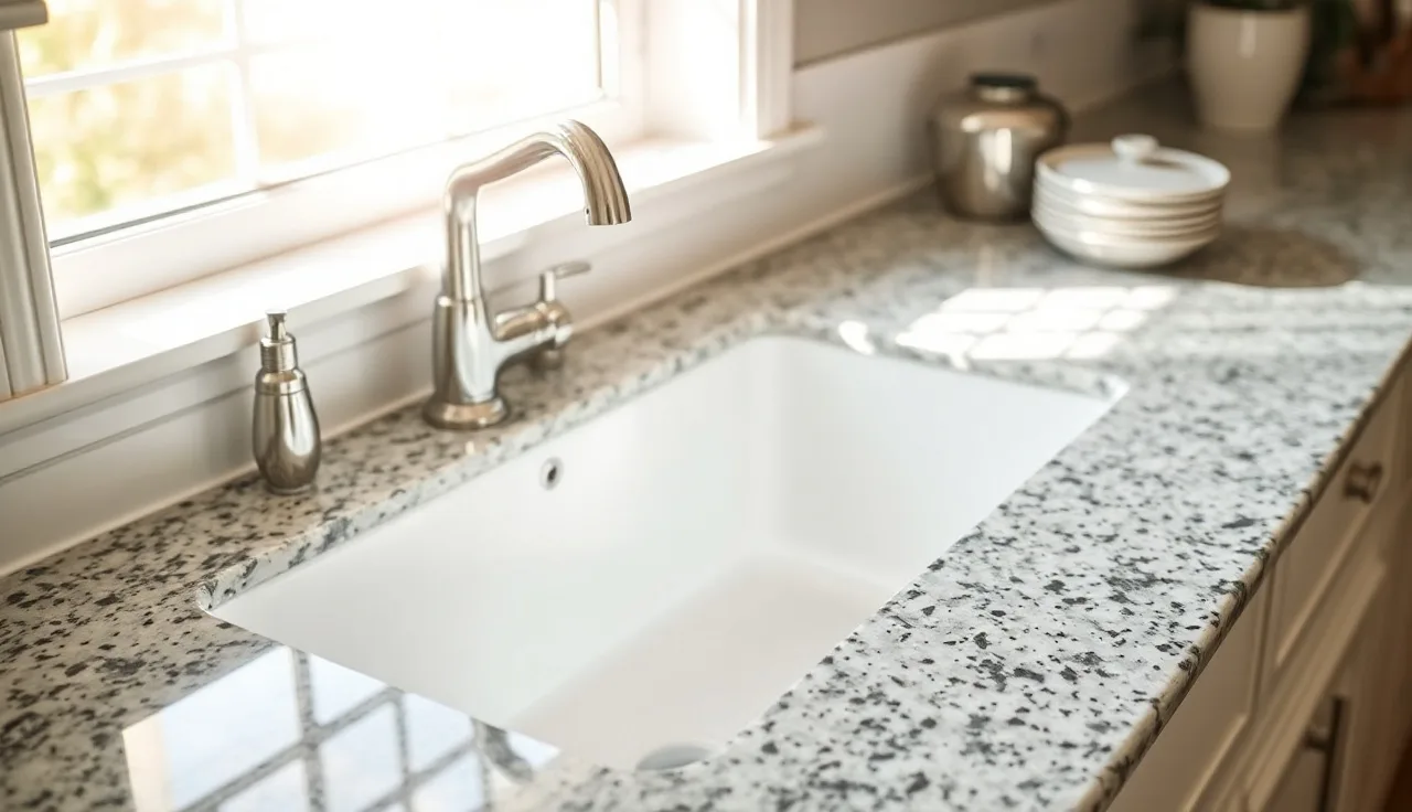 Milled granite drainboard countertop with parallel ribs beside a farmhouse sink