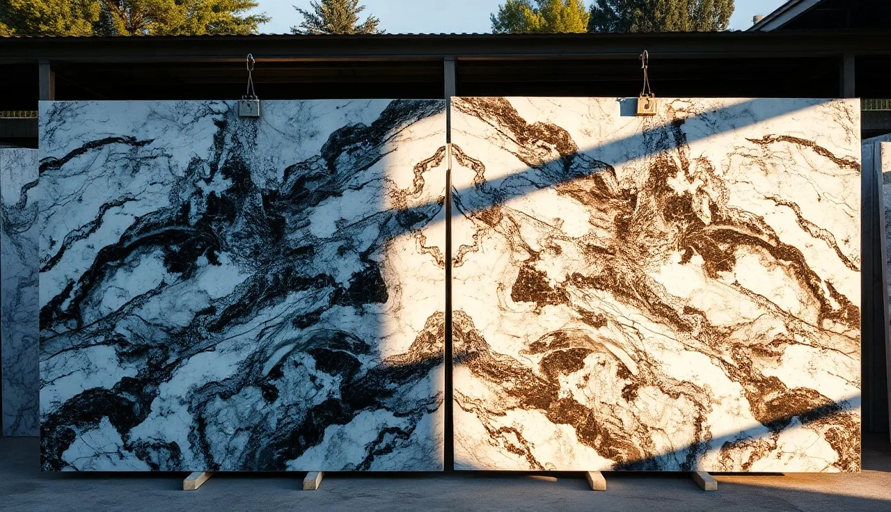 Two consecutive marble slabs showing mirrored book-matched veining in a stone yard
