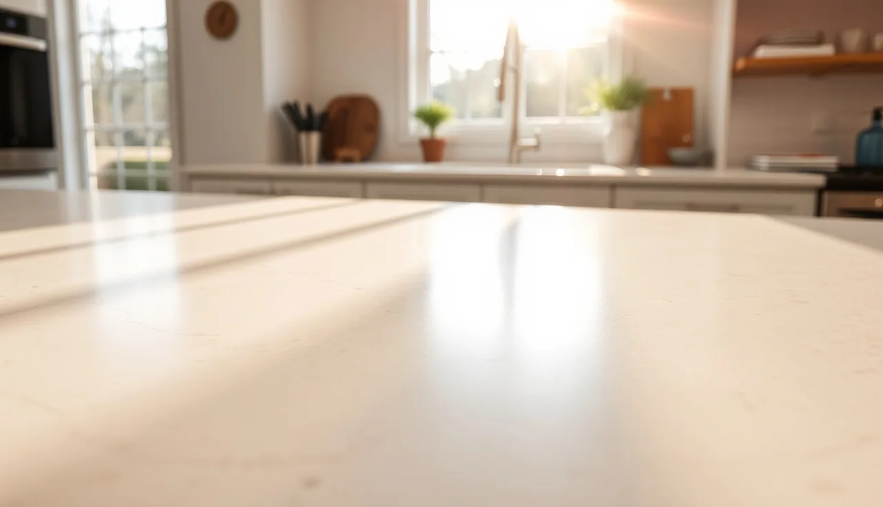 Pale brushed quartzite countertop surface showing matte texture in morning kitchen light