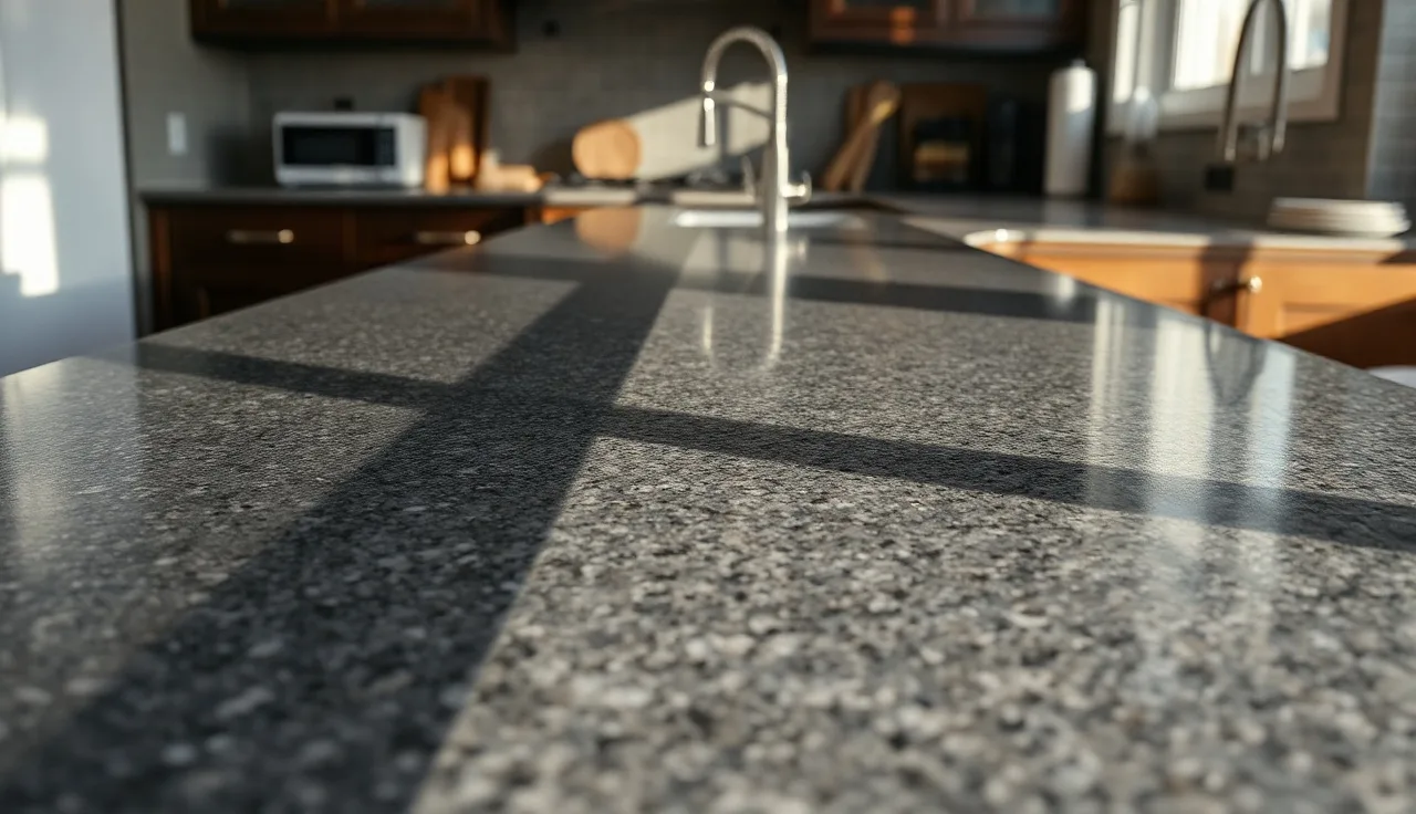 Granite countertop showing wet-look color enhancement next to dry unsealed stone