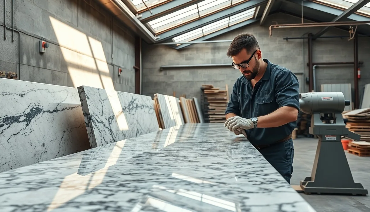 Fabrication shop worker inspecting finished granite countertop edge under skylights