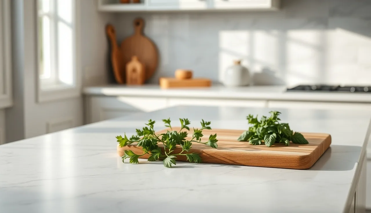 Honed white Carrara marble countertop with soft matte finish in kitchen morning light