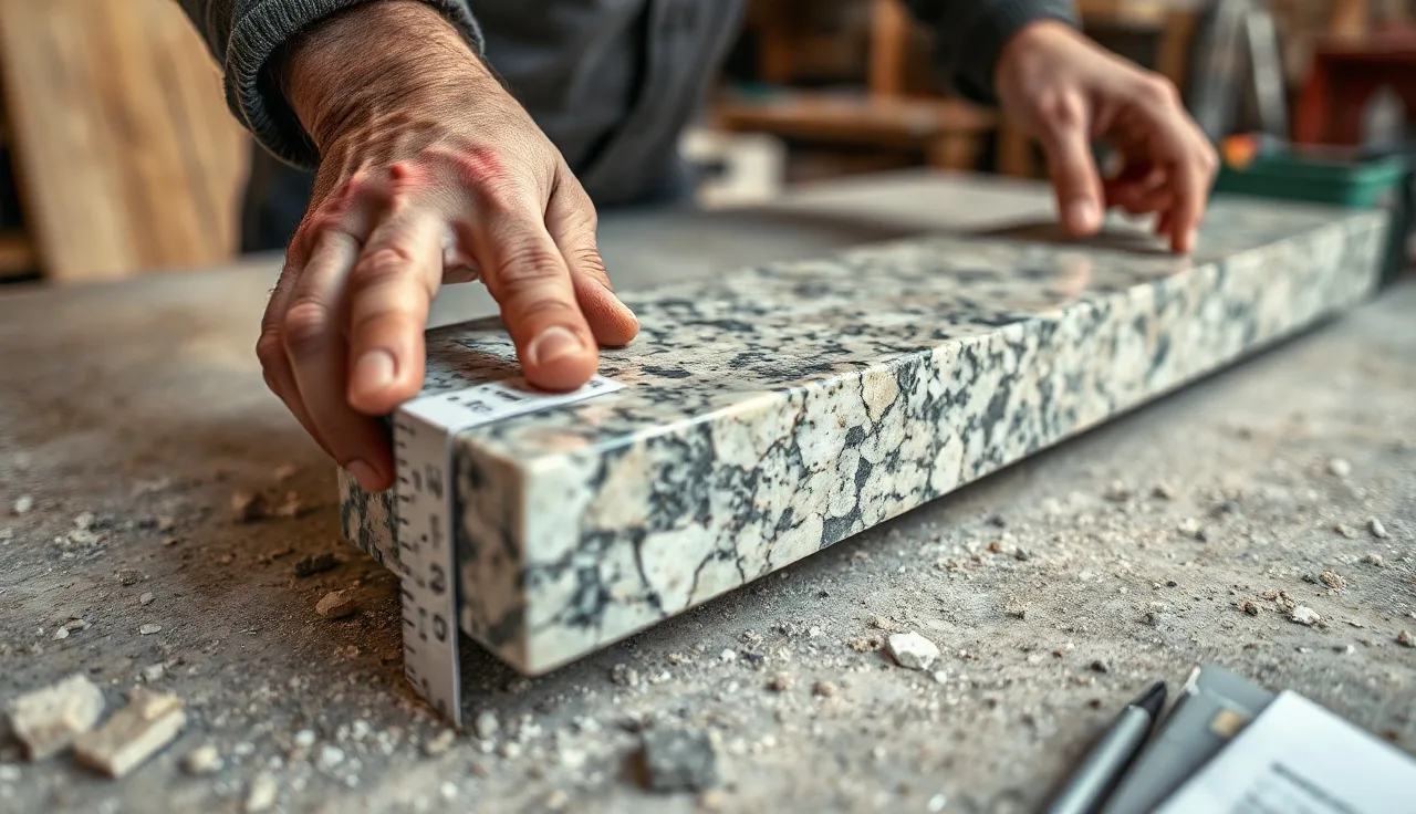 Stone fabricator bonding a laminated edge buildup strip to a granite countertop slab