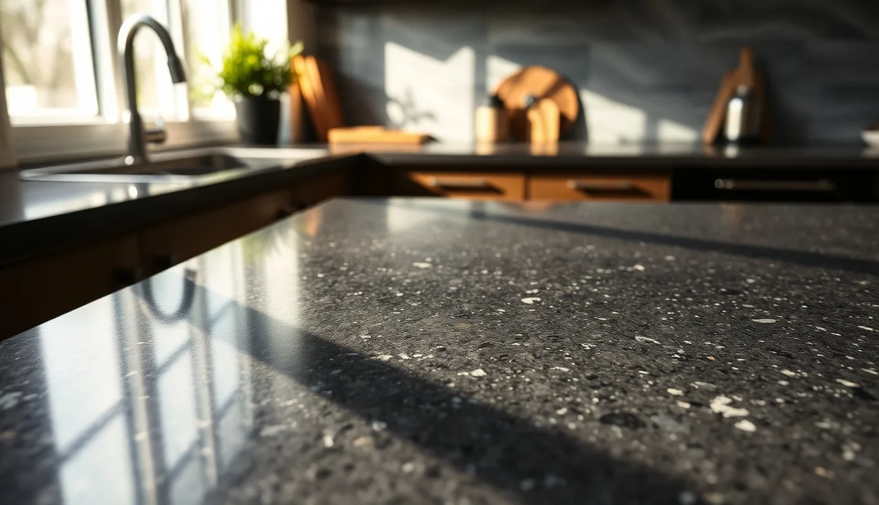 Dark leathered granite countertop surface with soft matte texture in natural light