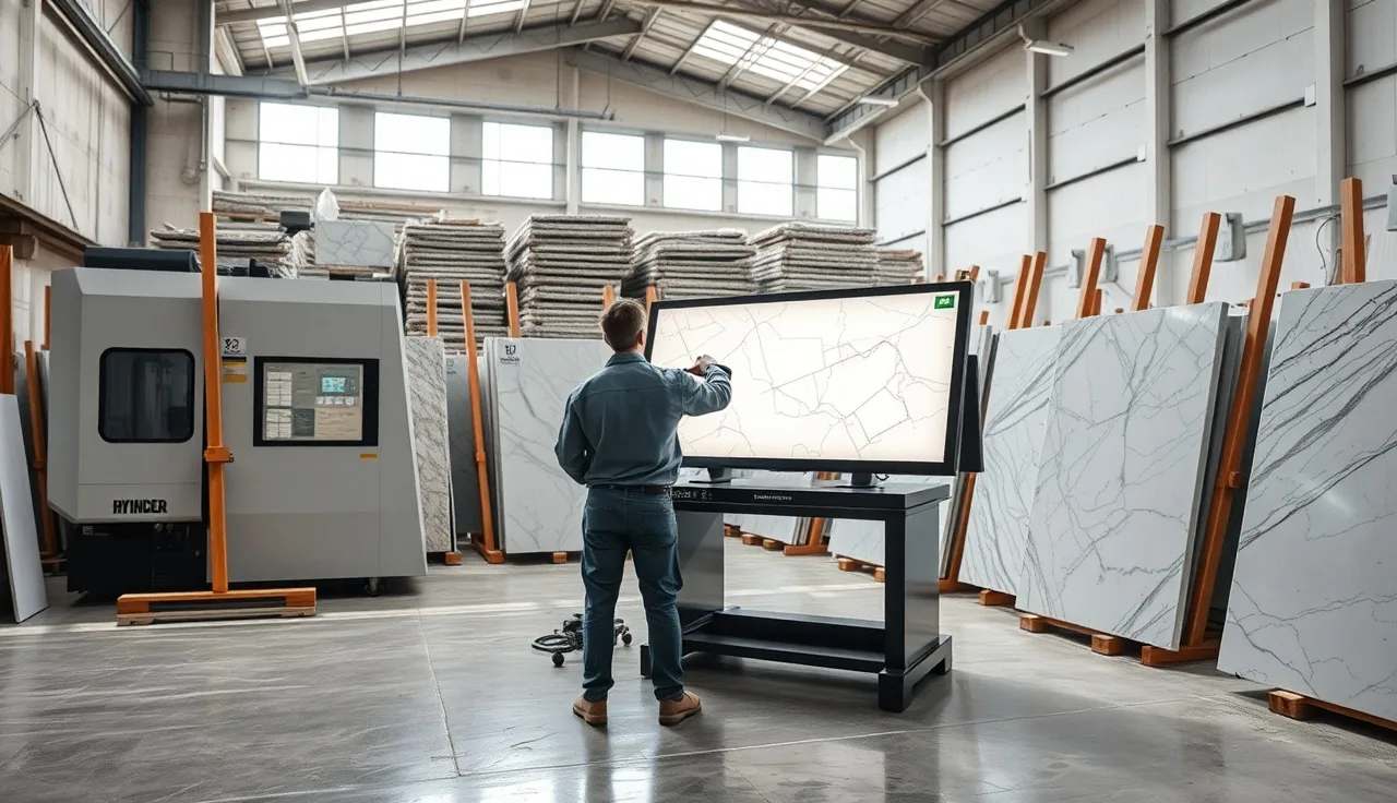 Fabricator reviewing digital nesting layout on screen beside a CNC bridge saw in stone shop