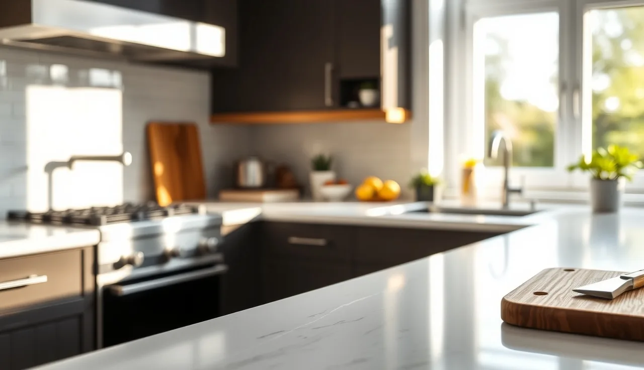 White quartz countertop surface in a professional kitchen under morning light