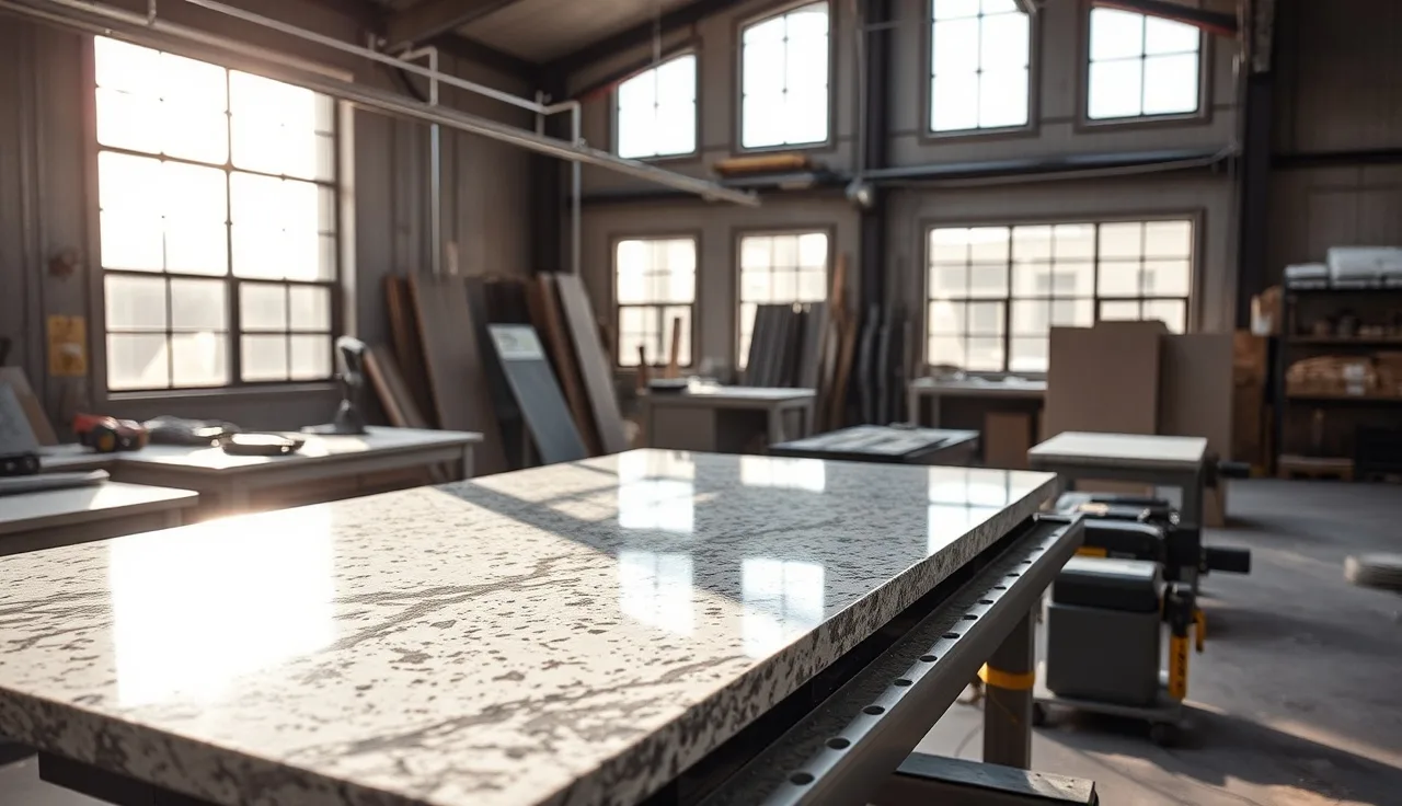 CNC bridge saw in a stone fabrication shop cutting a granite slab under morning light