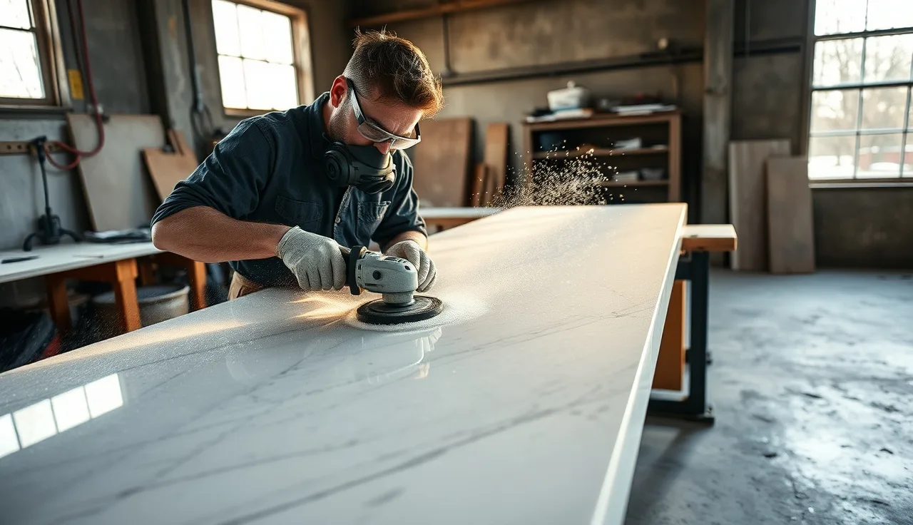 Fabricator wet-grinding a quartz countertop slab in a dusty stone shop