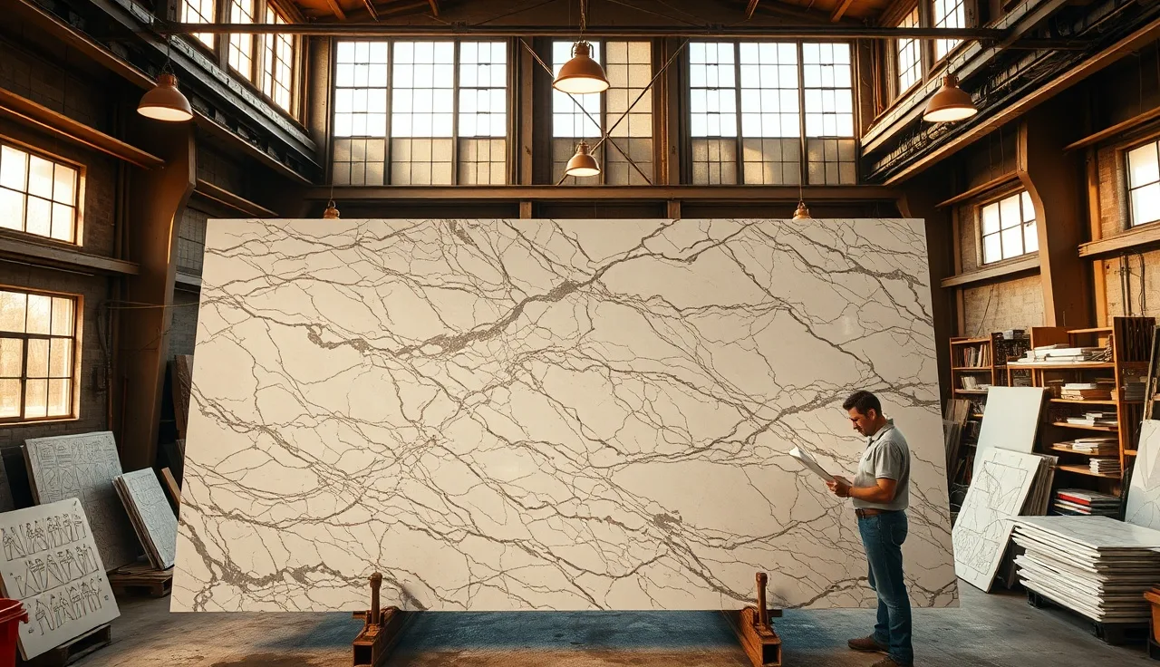 Fabricator reviewing template layouts on a large marble slab in a stone shop