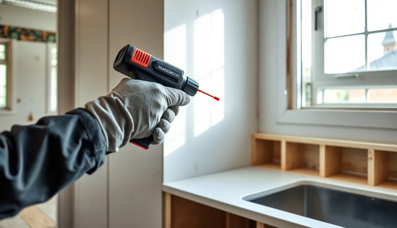 Fabricator using a laser probe arm to digitally template a kitchen countertop