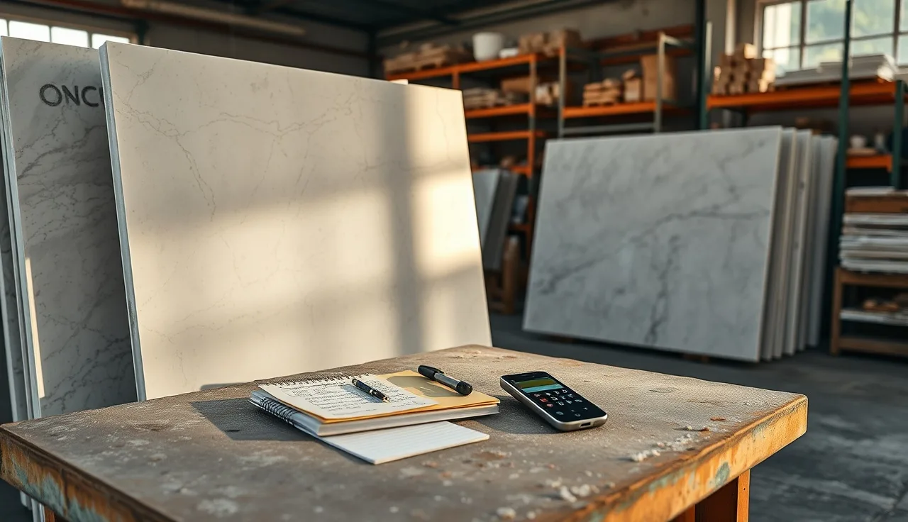 Stone fabrication shop workbench with quartz slabs and job notes, cost per lead tracking
