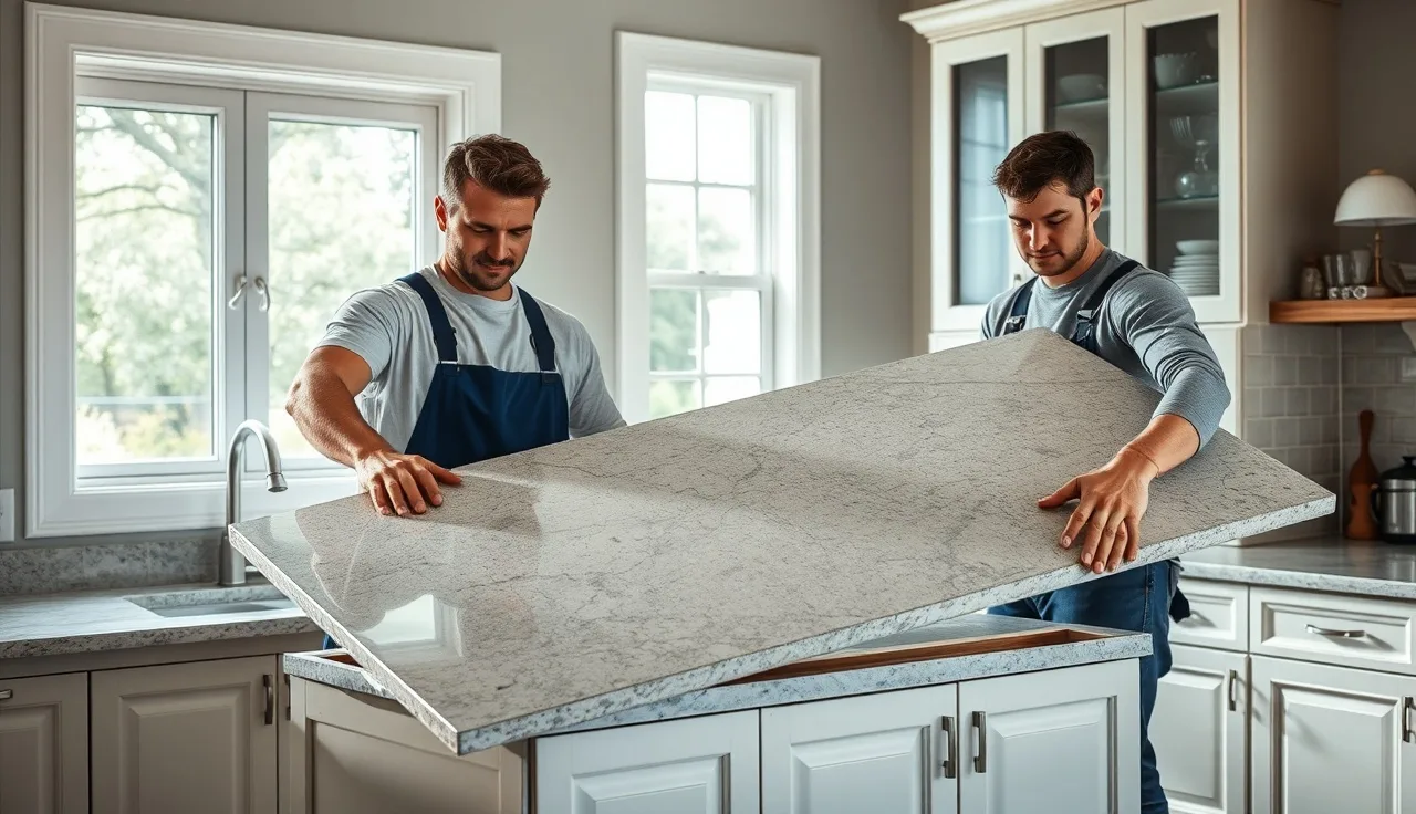 Two countertop installers positioning a heavy stone slab in a kitchen