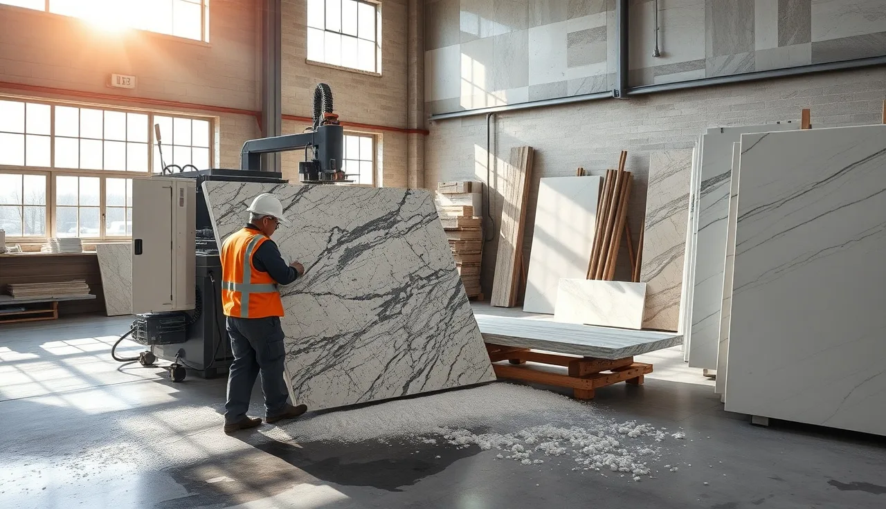 Fabricator operating a CNC bridge saw cutting a granite countertop slab in a stone shop