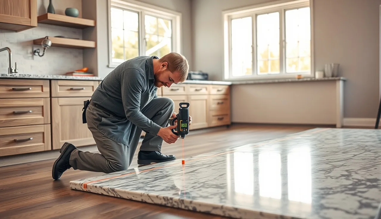 Fabricator measuring kitchen countertop run with a digital laser templating device