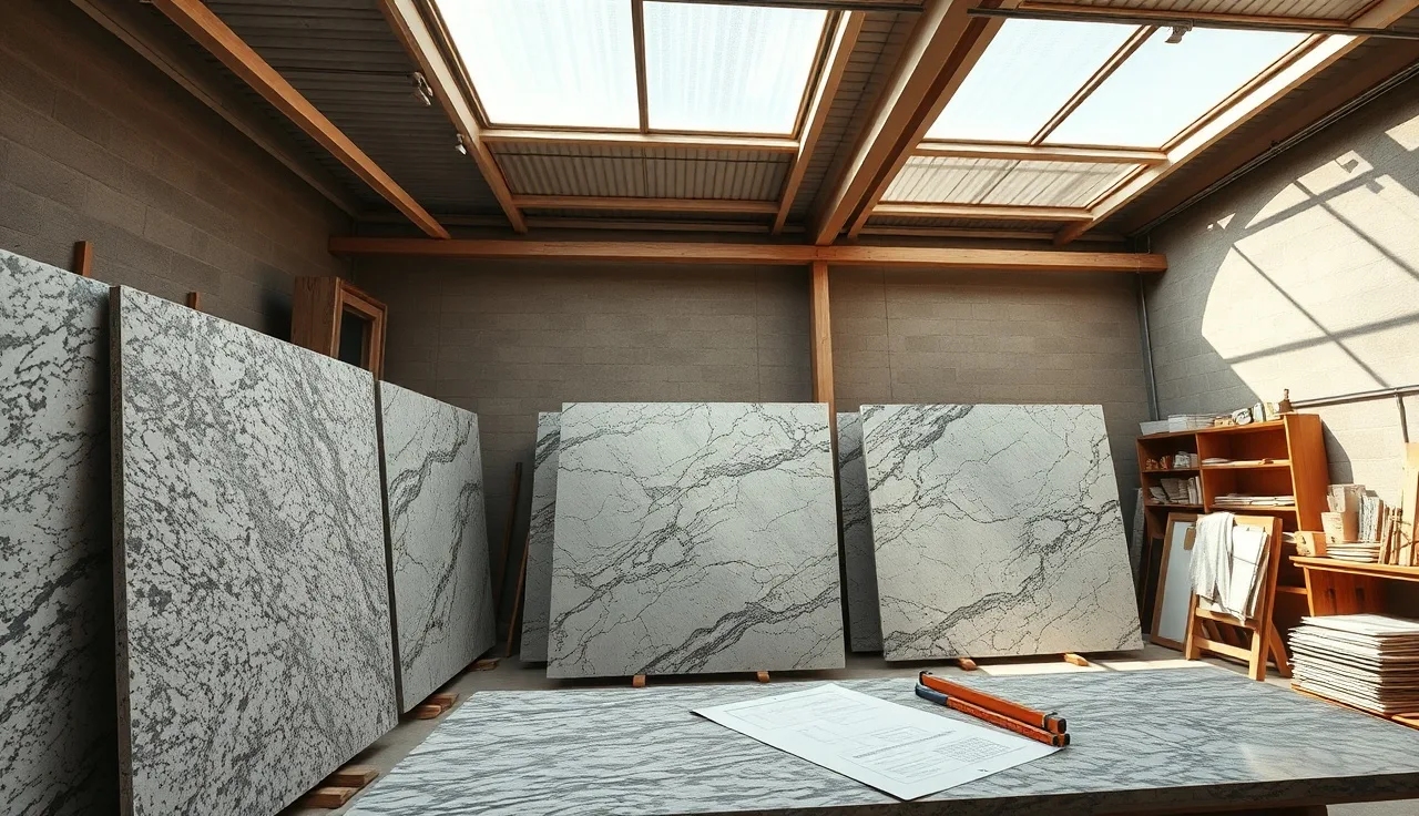 Stone fabrication shop interior with granite slabs and measuring tools on workbench