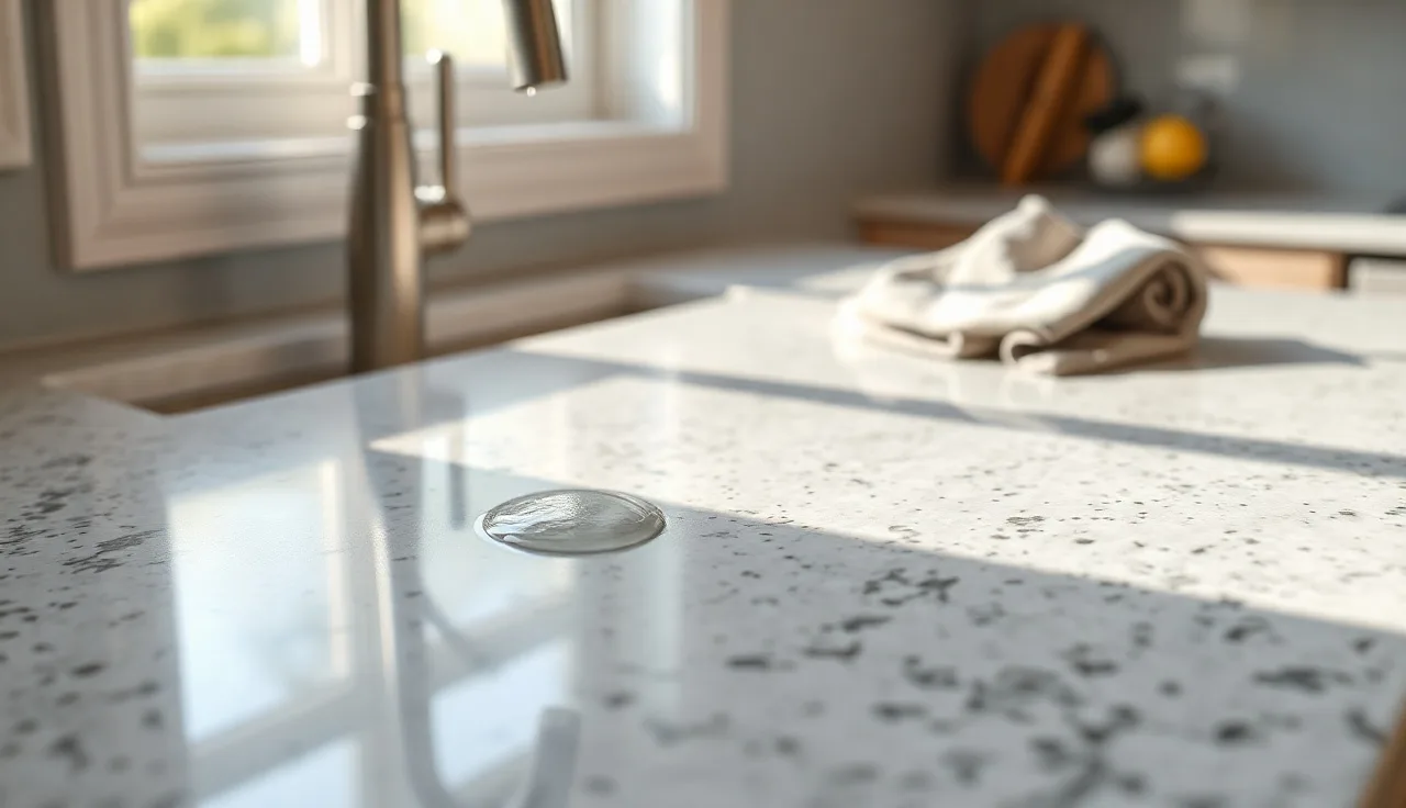 Water beading on a sealed granite kitchen countertop in morning light