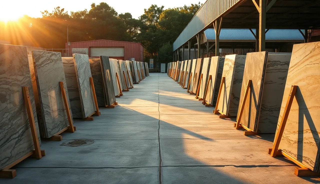 Rows of granite slabs standing on steel A-frame racks in an outdoor stone yard