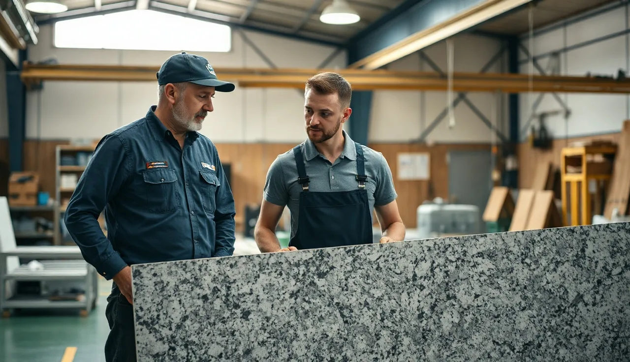 Experienced installer training new hire on granite slab in fabrication shop