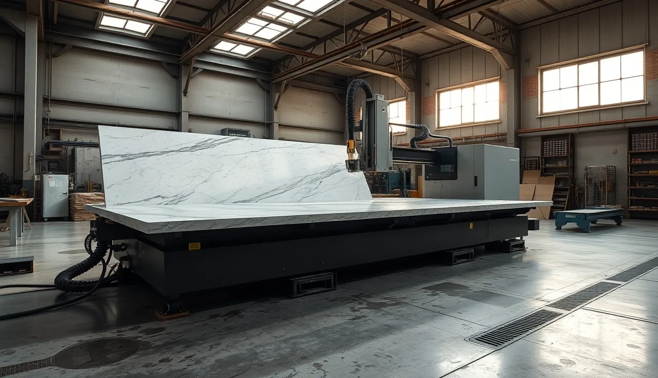 CNC bridge saw cutting granite slab in stone fabrication shop with water cooling