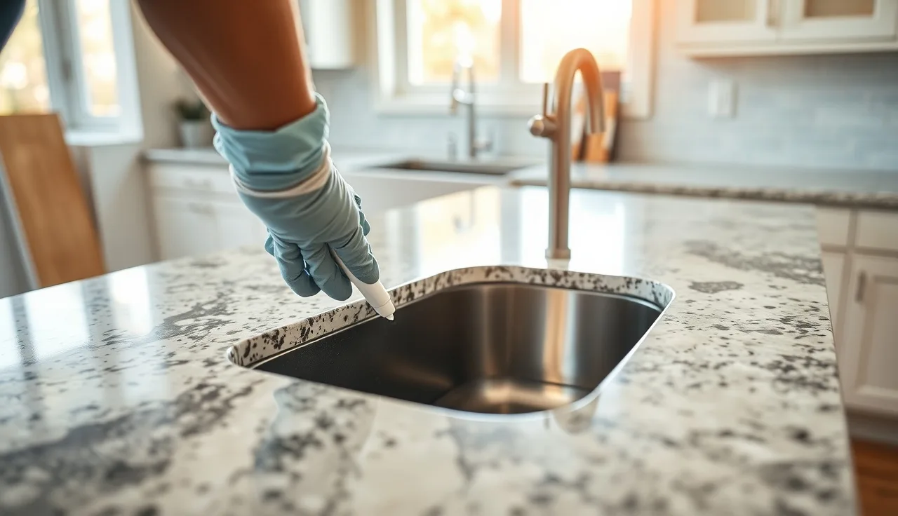 Installer applying silicone bead around undermount sink cutout in stone countertop