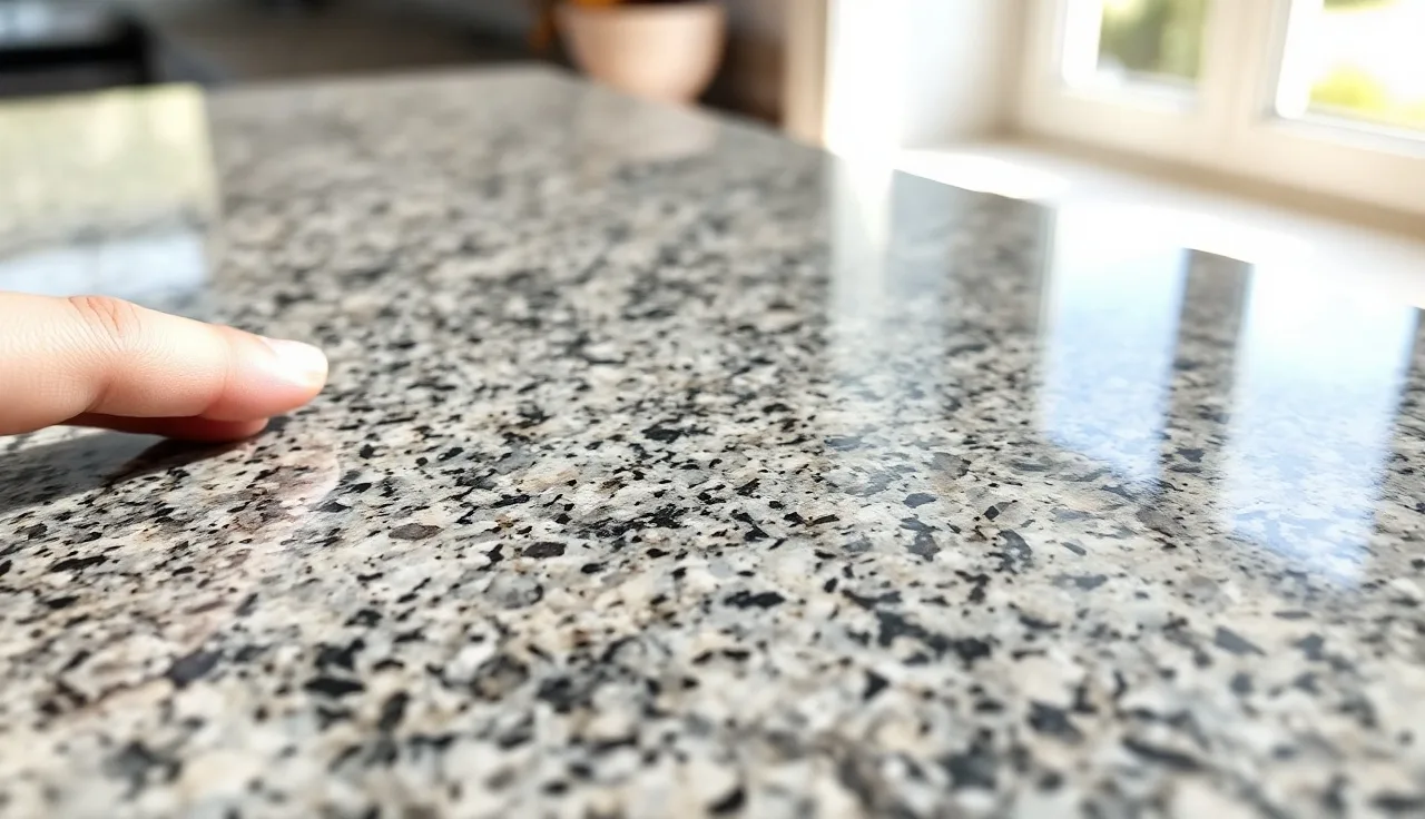 Fingernail tracing a fissure line across a polished granite countertop surface