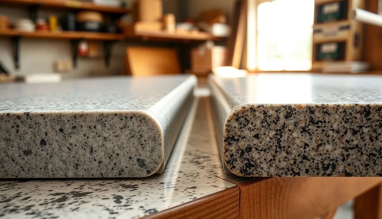 Two granite countertop edge samples showing full bullnose and half bullnose profiles side by side on a fabrication shop workbench