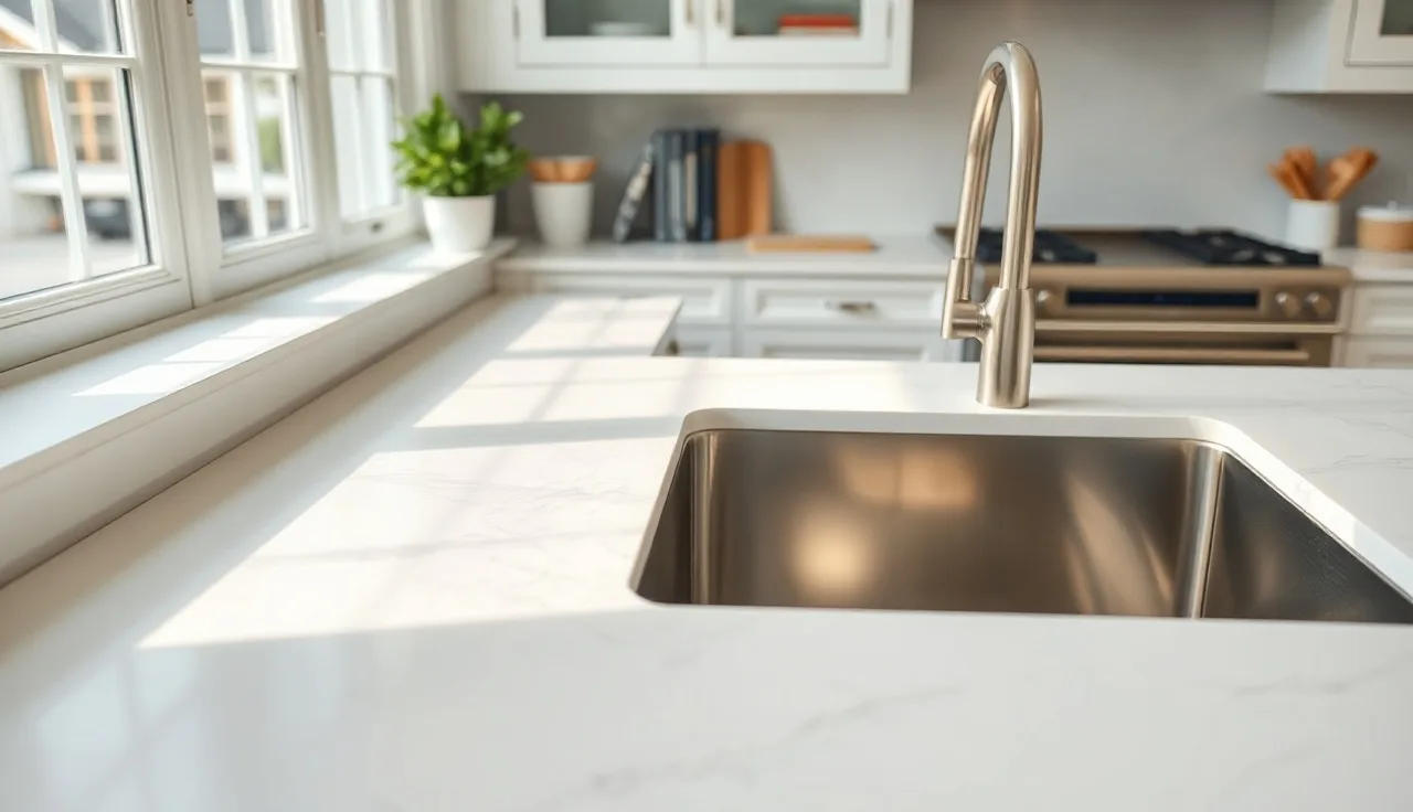 Top-down view of a quartz countertop edge meeting an undermount sink reveal