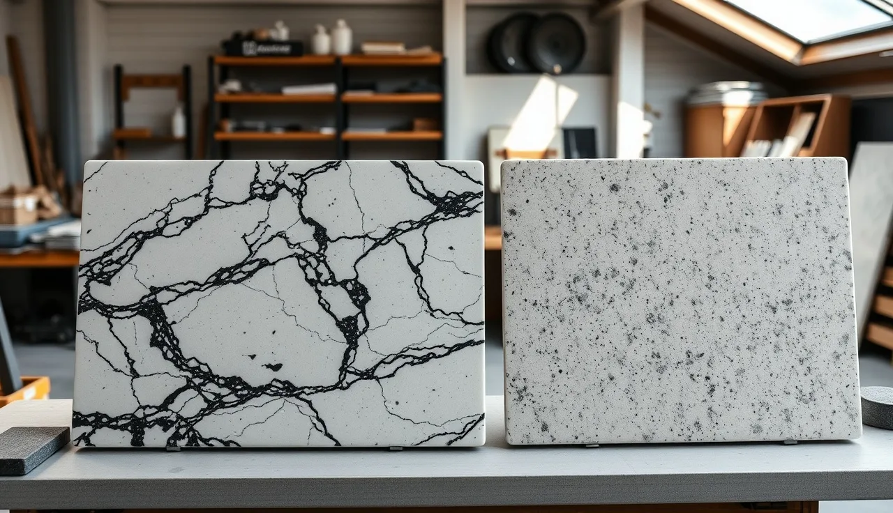Polished and honed granite slabs side by side on a fabrication shop workbench
