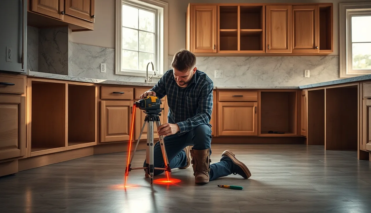 Fabrication technician using a laser digital templating device on kitchen cabinet bases
