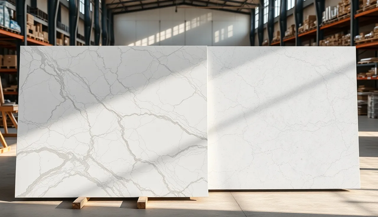 Two stone countertop slabs showing quartzite and quartz side by side in a fabrication showroom