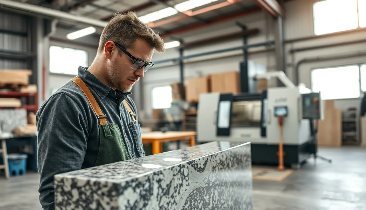 Fabricator inspecting polished granite slab edge in a professional stone shop