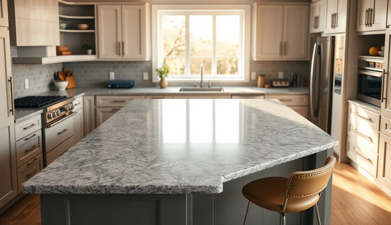 Gray granite kitchen island countertop with a long unsupported overhang and bar stools