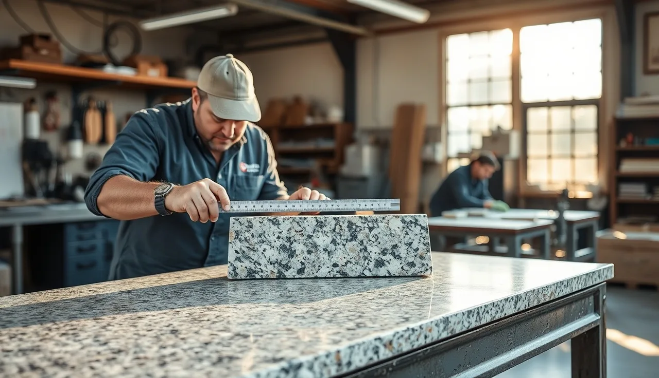 Stone fabricator measuring a small granite remnant on a workbench in a fabrication shop